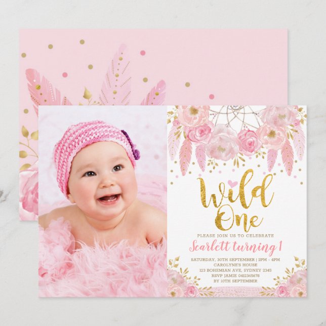 Convite Tribal Boho Pink Dreamcatcher Wild Um Aniversário (Frente/Verso)