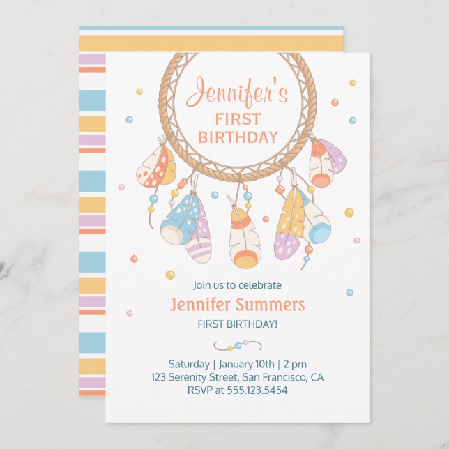 Convite Tribal Dreamcatcher Boho Baby First primeiro anive (Frente/Verso)