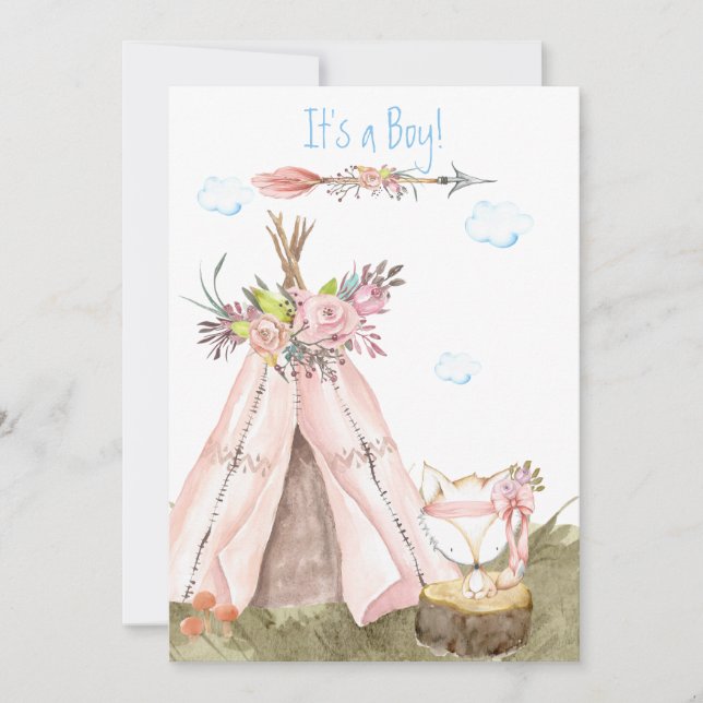 Convite *~* Tribal Teepee Boho Woodland Fox Forest Boy (Frente)