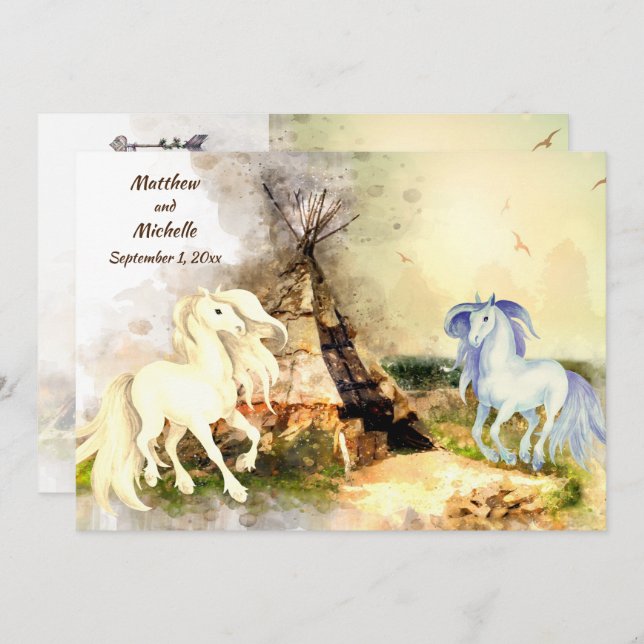 Convite Tribal Tipi and Horses in Love Boho Teepee Weding (Frente/Verso)