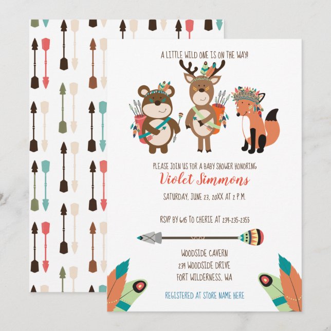 Convite Tribal Woodland Animal Boho Chá de fraldas Invite (Frente/Verso)