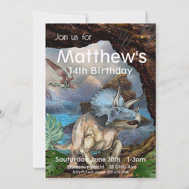 Convite Tricerátops, Aniversário De Dinossauro, (Frente)
