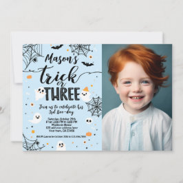 Convite Trick or Three Blue Halloween Cute Ghost