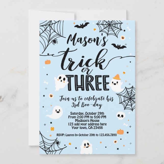 Convite Trick or Three Blue Halloween Cute Ghost (Frente)
