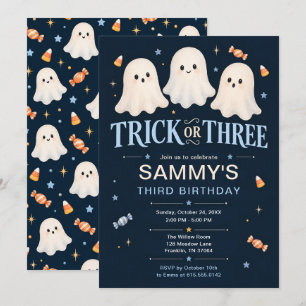 Convite Trick or Three Fantasmas Azuis Aniversário de 3 an