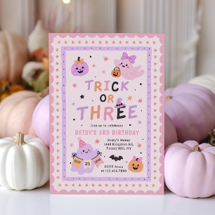 Convite Trick Or Three Halloween Fantasma Aniversário de 3