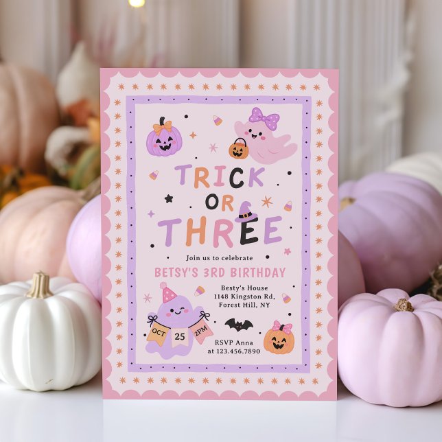 Convite Trick Or Three Halloween Fantasma Aniversário de 3 (Criador carregado)