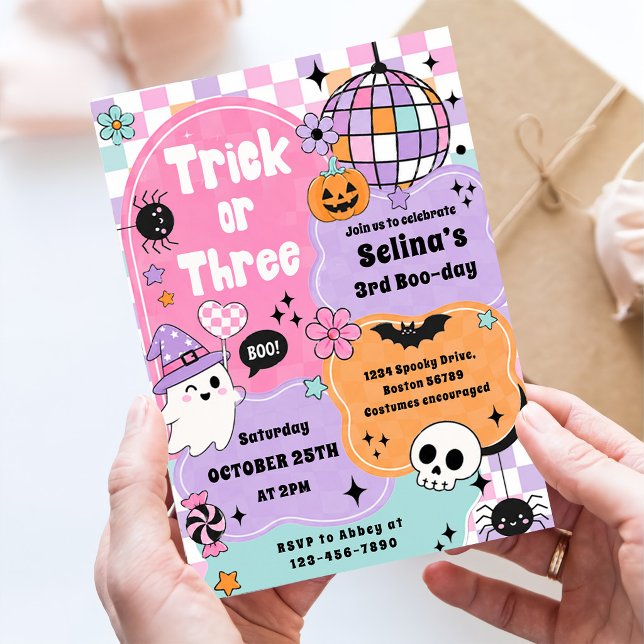 Convite Trick Or Three Halloween Groovy Fantasma 3º Aniver (Criador carregado)