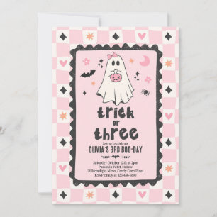 Convite Trick Or Three Halloween Menina Fantasma 3º Aniver