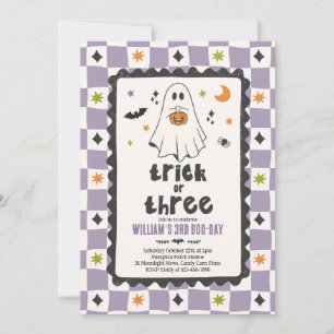 Convite Trick Or Three Halloween Menino Fantasma 3º Aniver