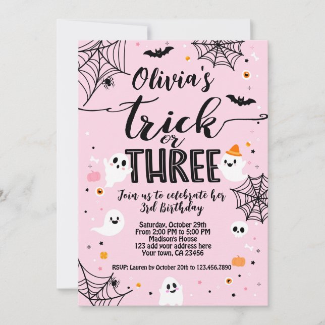 Convite Trick or Three Pink Halloween Cute Ghost (Frente)