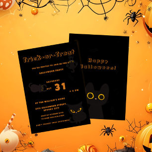 Convite Trick or Treat Gato Preto Fofo de Halloween