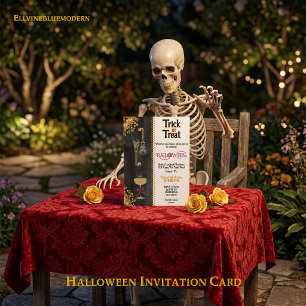 Convite Trick or Treat Halloween Caveiras Douradas Brilhan