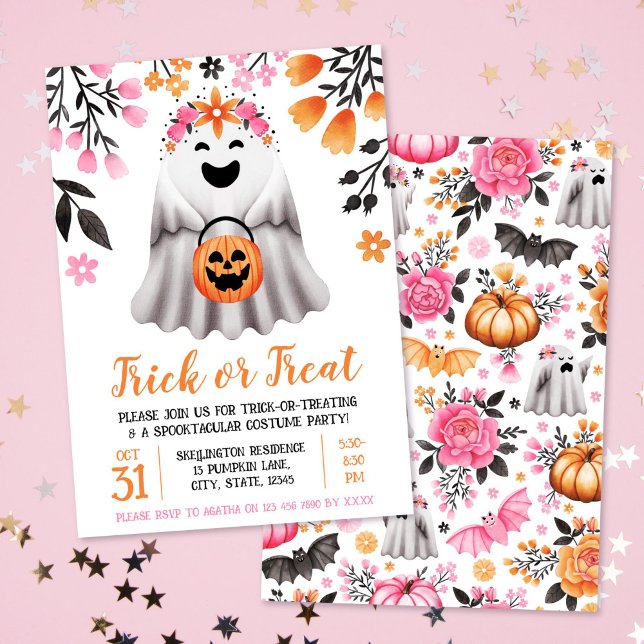 Convite Trick ou Tratar Fantasma Figurino de Halloween (Trick or Treat Halloween Costume Party Cute Ghost Invitation)