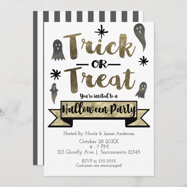 Convite Trick ou Trate o Ghost Chic Modern Halloween Party (Frente/Verso)