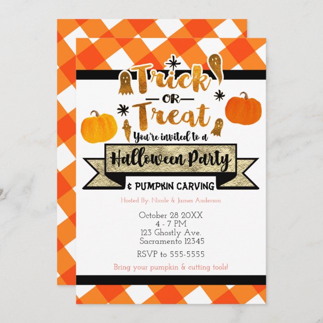 Convite Trick ou Treine a Rustic Orange Halloween Party (Frente/Verso)