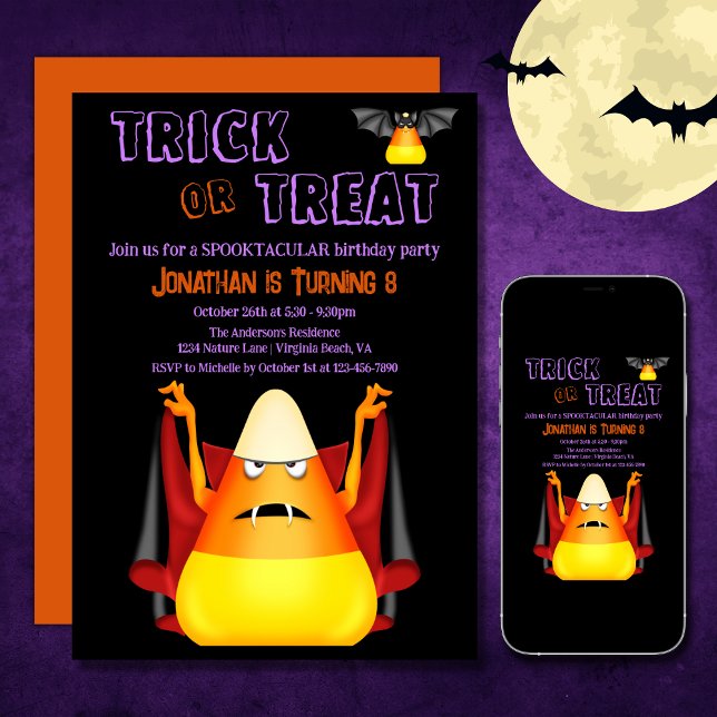 Convite Trick ou Treine Corns Doces Cute Halloween Anivers (Printed and Digital - Trick or Treat Cute Candy Corns Halloween Birthday Invitation)