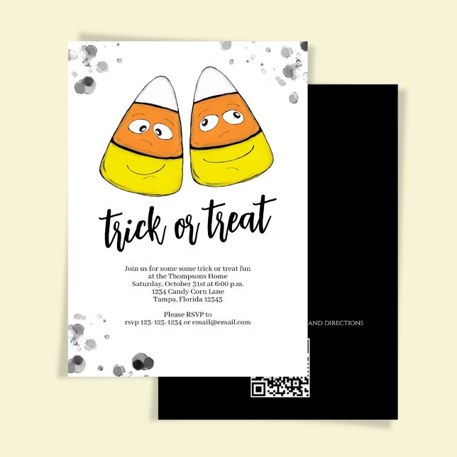 Convite Trilha Laranja ou Festa de Dia das Bruxas de Milho (Trick or treat Halloween party invitation with cute candy corn, )
