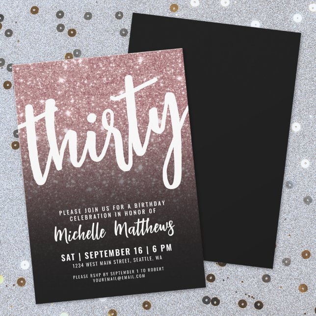 Convite Trinta Black Rose Gold 30º Aniversário (Forty Black Gold 40th Birthday Invitation)