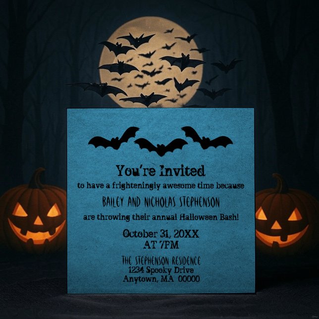 Convite Trio de Festas de Halloween de Bats, Azul Escuro (Blue Trio of Bats Halloween Party Invitation)