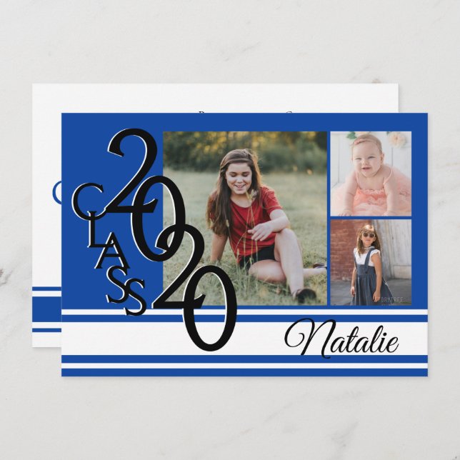 Convite Triplagem Tripla de Graduação 2020 Azul Varsity (Frente/Verso)