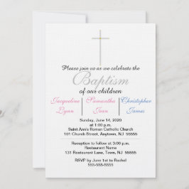 Convite Triplas Azuis Rosa Batismo