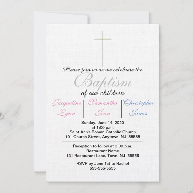 Convite Triplas Azuis Rosa Batismo (Frente)