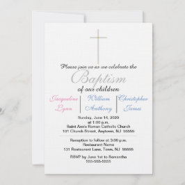 Convite Triplas Azuis-Rosa Batismo