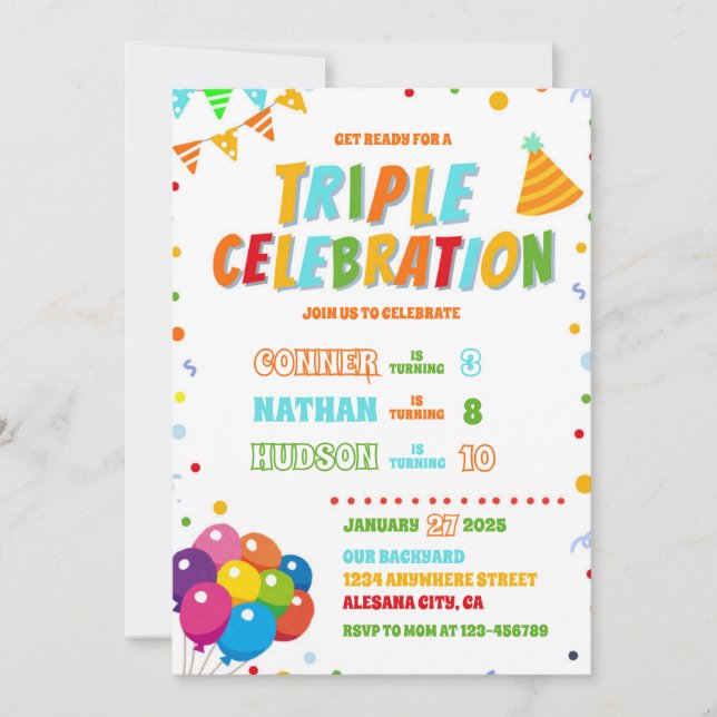 Convite Triple Birthday Invitation Joint Party (Frente)