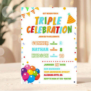 Convite Triple Birthday Invitation Joint Party