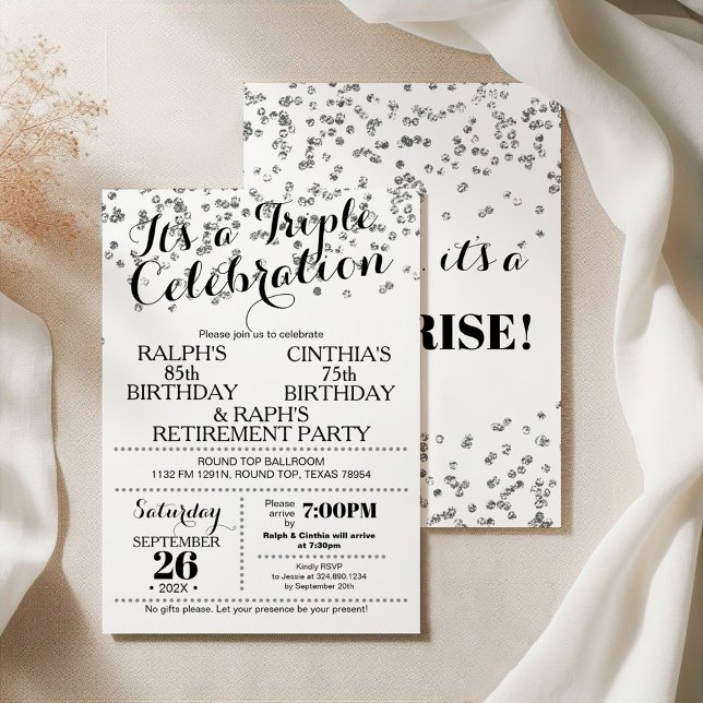 Convite Triple Celebration Confetti Faux Silver Invitation (Criador carregado)