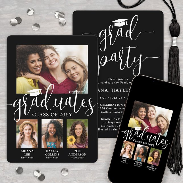 Convite Triple Graduation Photos Black & White Joint Party (Criador carregado)