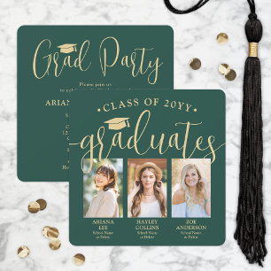 Convite Triple Graduation Photos Green & Dourado Joint Par