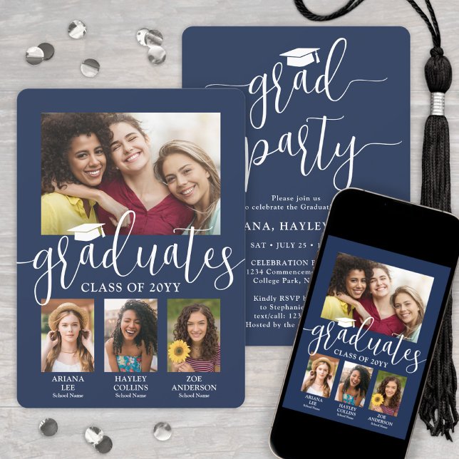 Convite Triple Graduation Photos Marinho & White Joint Par (Criador carregado)