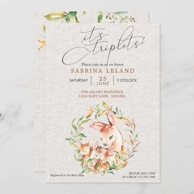 Convite Triplets Chá de fraldas Deer Faws em Leafy Wreath (Frente/Verso)