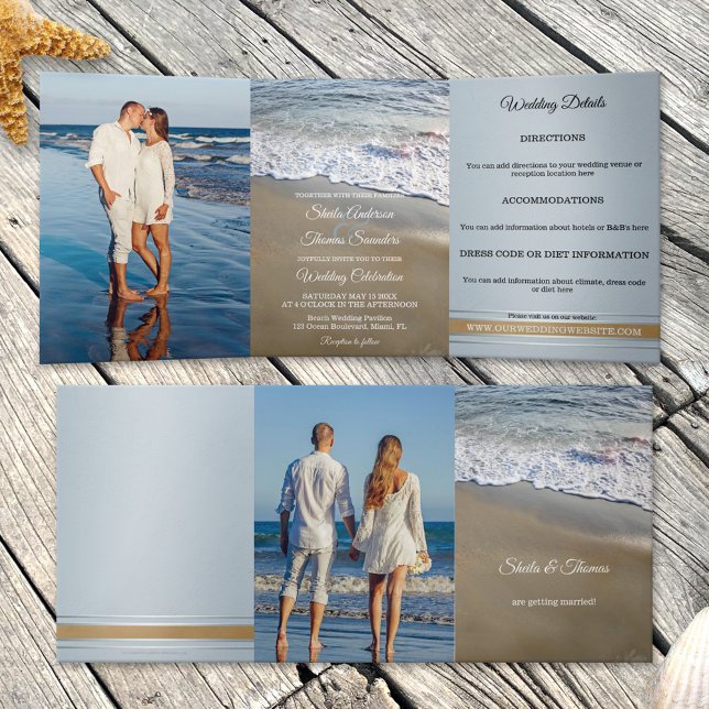 Convite Triplo de Casamento de Destino de Praia (Tri-fold beach wedding photo  invitation featuring waves flowing onto the beach)