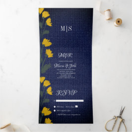 Convite Triplo De Casamento De Flores Denim E Selv