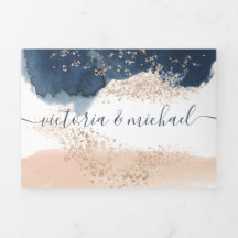 Convite Triplo de Casamento Moderno Blush e Marinh