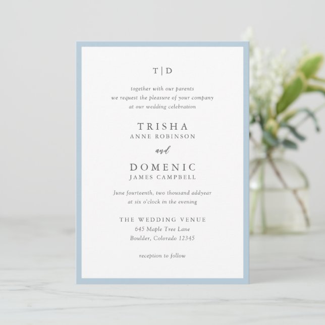 Convite Trisha Powder Blue Modern Weding (Em pé/Frente)