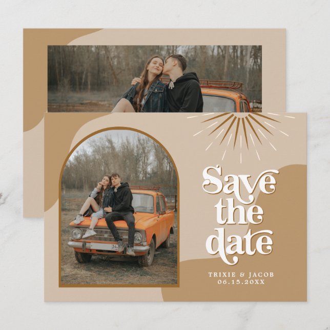 Convite TRIXIE Beige Foto com Arco Retroativo Salvar Data  (Frente/Verso)