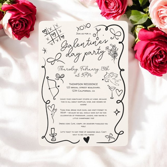 Convite Trô negro, Quirky Galentine, Festa do Dia (Retro black beige Quirky Galentine's Day Party Invitation)