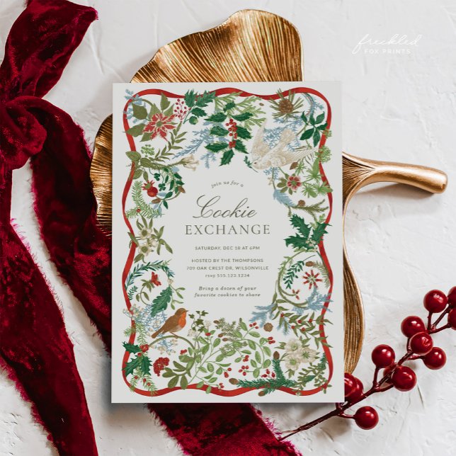 Convite Troca de Biscoitos de Natal com Ilustrações Botâni (Vintage Botanical Christmas Cookie Exchange Invitation)