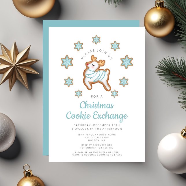 Convite Troca de Biscoitos de Natal com Rena Fofa (Cute Reindeer Christmas Cookie Exchange Invitation)