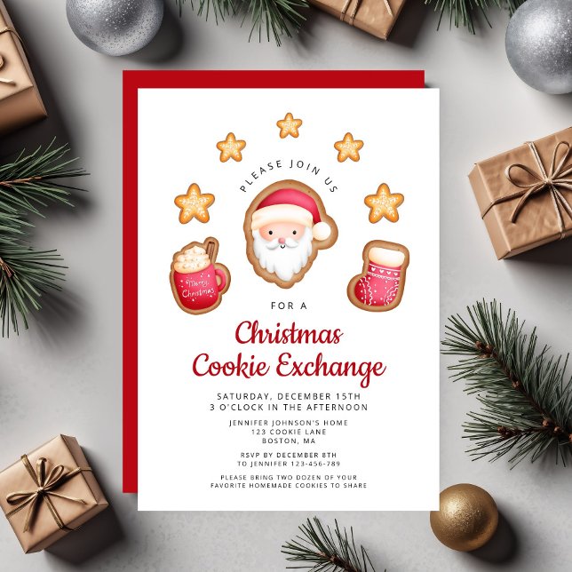 Convite Troca de Biscoitos de Natal do Papai Noel Vermelho (Cute Red Santa Claus Christmas Cookie Exchange Invitation)