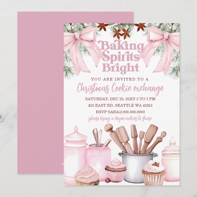 Convite Troca de Biscoitos Rosa Vibrante para Animar Espír (Frente/Verso)