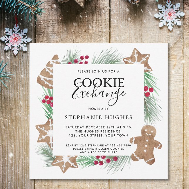 Convite Troca de Cookies Feriados de Aquarelas de Natal (Criador carregado)