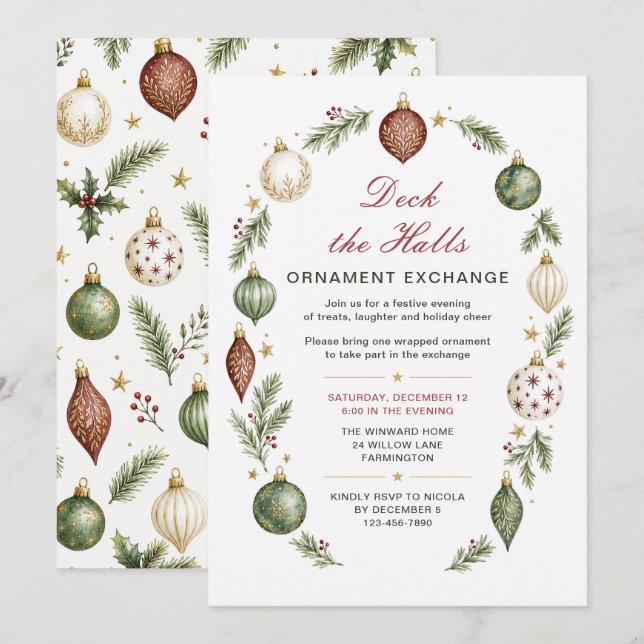 Convite Troca de Enfeites de Natal Deck the Halls (Frente/Verso)