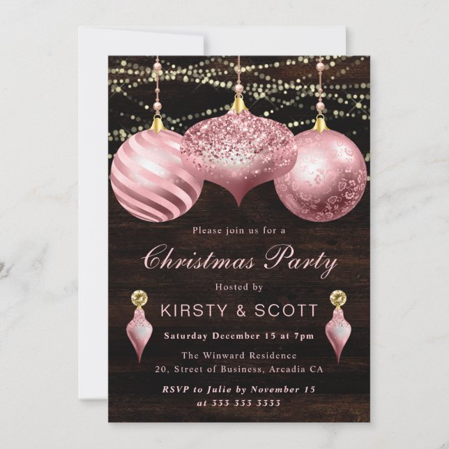Convite Troca de enfeites de Natal rosa claro elegante (Frente)