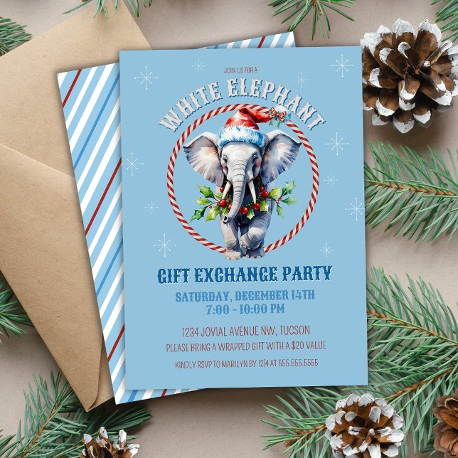 Convite Troca de Presentes de Elefante Branco Elegante Blu (Light Baby Blue White Elephant Christmas party gift exchange party invitations with holly and candy)