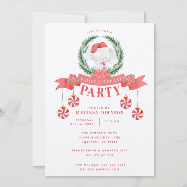 Convite Troca de presentes de Natal com Elefante Branco (Frente)